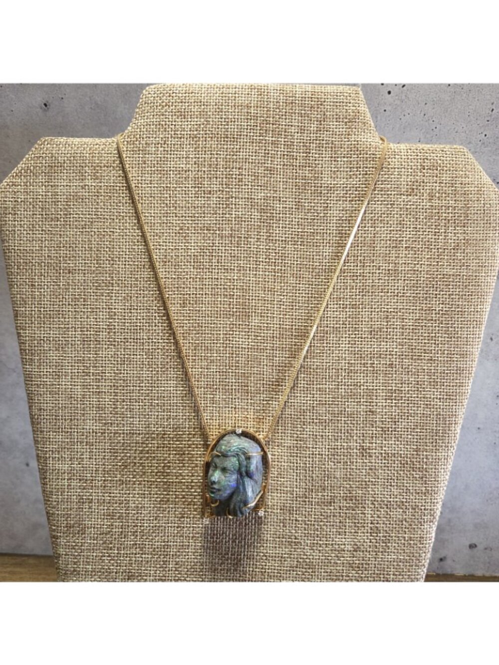 Vtg 14K Gold Carved Opal Female Face Diamond Necklace 22.42g Bust Figural 585 - Picture 2 of 16